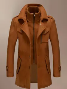 Men's Fashion Double Collar Mixed Fiber Long Coat, Zipper and Pocket Design, Warm and Durable, Suitable for Business or Casual Autumn/Winter
