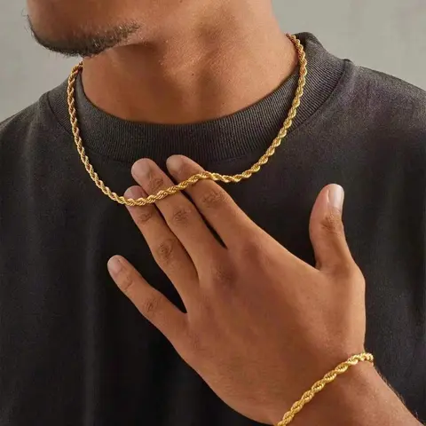 Men's Punk Style Twist Design Cuban Link Chain Necklace & Bracelet, Fashion Jewelry Accessory Set for Guys, Party, Daily Clothing Decor, Jewelry for Birthday Gift, Necklace And Bracelet Set
