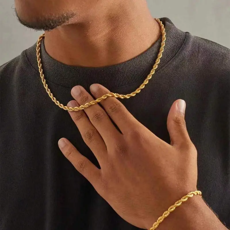Men's Punk Style Twist Design Cuban Link Chain Necklace & Bracelet, Fashion Jewelry Accessory Set for Guys, Party, Daily Clothing Decor, Jewelry for Birthday Gift, Necklace And Bracelet Set