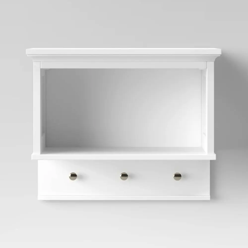 Threshold White Hanging Wood Wall Shelf with Hooks - Hardwood Frame, Wall Mount Design, Microfiber Non-Slip Machine-Washable Backing, Indoor Furniture Shelves, Large Shelf, Rectangular