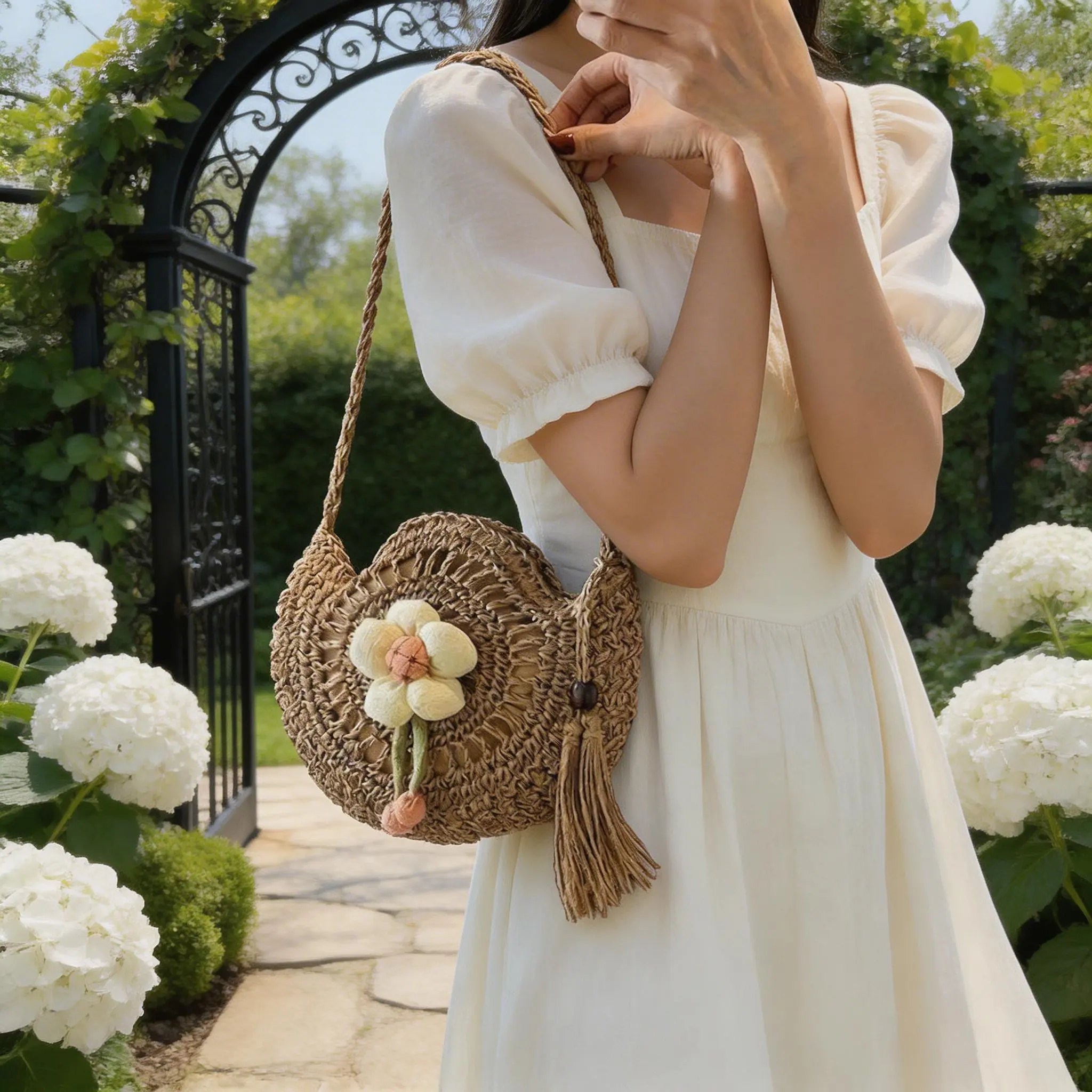 Bohemian handmade straw woven small round bag, 3D flower decorated tassel countryside style shoulder bag, fashionable casual daily summer beach vacation tassel crossbody bag