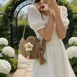 Bohemian handmade straw woven small round bag, 3D flower decorated tassel countryside style shoulder bag, fashionable casual daily summer beach vacation tassel crossbody bag