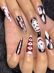 Creepy Clown Press On Nails Halloween Horror Circus Costume Glossy Red Black White Retro Y2K Nail Art 10 Nails 20 Tabs Glue Bottle