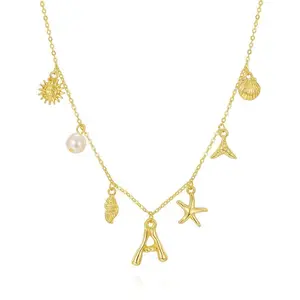 Women’s first charm necklace, shell letter necklace, gold-plated charm pendant, summer shell beach, starfish, surfer jewelry gift GARMENTARY