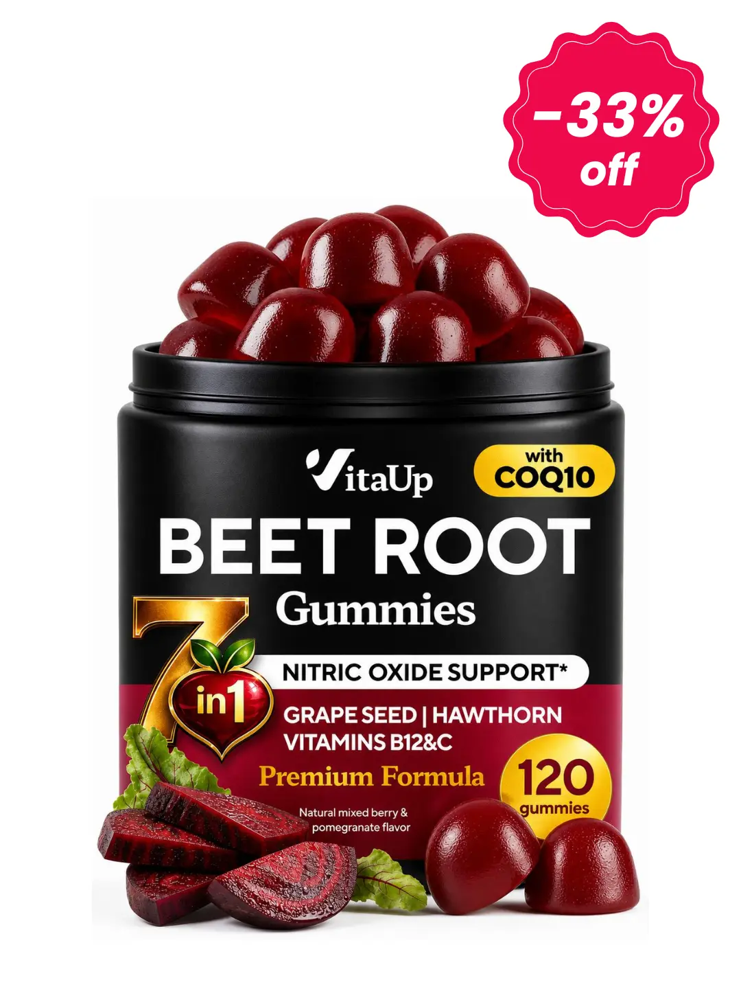 VitaUp Beet Root Gummies 7 in 1 - Nitric Oxide Gummies with Beet Root, Grape Seed, Coq10, Vitamin C & B12 for Heart & Energy Support – 120 Count
