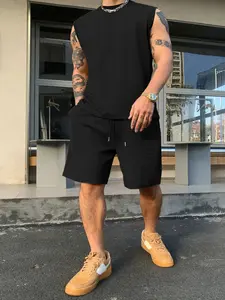Men's Summer Casual Vest Shorts Set, Comfortable Fitted Plain Color, Stylish Lightweight Knit Clothing for Daily Wear