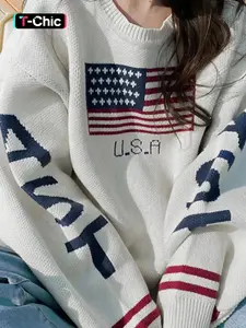 Women's American Flag Print Round Neck Sweater, Casual Long Sleeve Crew Neck Jumper for Daily Wear, Ladies Knitwear for All Seasons, Womenswear