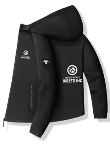 Round Eagle Logo Letter Hooded Jacket, Polyester Fabric, Elegant Print Design, Casual Slim Fit, Spring & Fall Fashion Outerwear