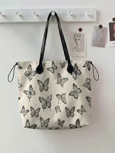 Butterfly Pattern 2D Printed Drawstring Tote Bag, Large Capacity Shopping Bag, Durable and Wear-Resistant, Ideal for Work, Shopping, Picnic