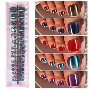 150 Pairs Short Round Cat Eye Nails, Blue, Rose, Lake Blue, Smooth Glossy Surface, 15 Sizes, Summer Toe Nail Decor