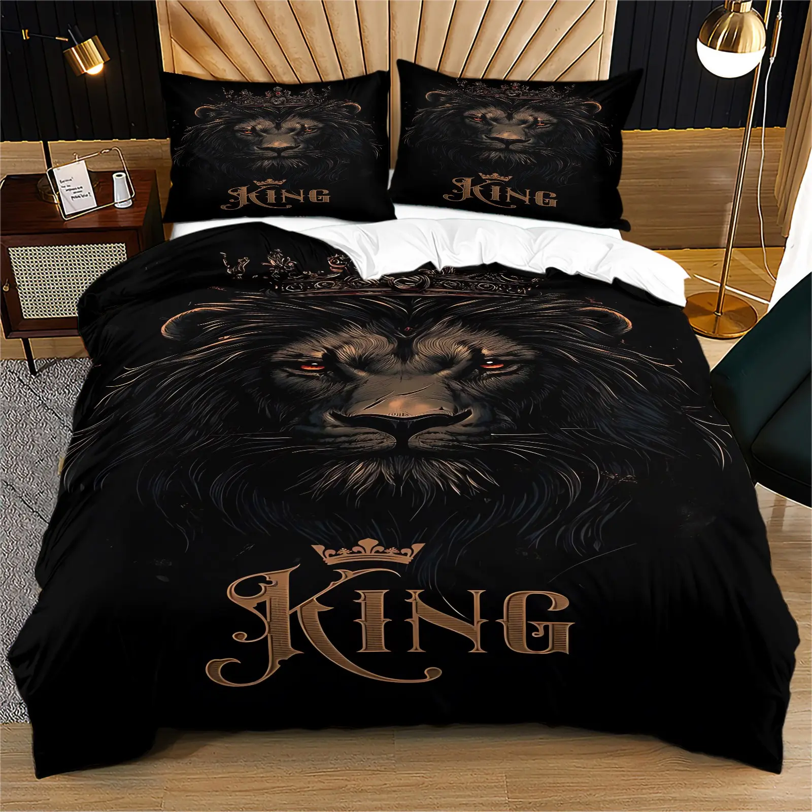 Crown Lion King Decorative Duvet Cover Set, Includes 1 Fitted Sheet and 1/2 Coreless Pillowcases, Elegant for Bedroom and Guest Room, All Seasons, Decorative Bedding Set