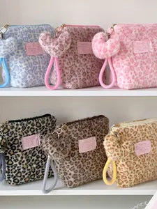 Vintage Fashion Plush Leopard Print Makeup Bag, Portable Skincare Storage Pouch, Student Cosmetic Bag, Travel Toiletry Bag, Handheld Cosmetic Pouch, Cosmetics Organizer