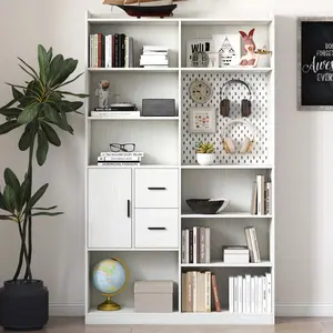 Modern Wide Wood Bookshelf Book Rack - Indoor Living Room Furniture Shelving Unit with Pegboard, Drawer, 9 Cubby Display