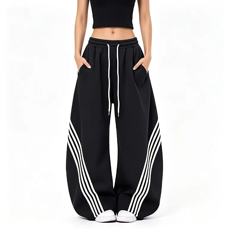EMMIOL Women’s Y2K Baggy Barrel Striped Sweatpants, High Waisted Wide Leg Pants, Joggers with Drawstring Waist and Cuffs