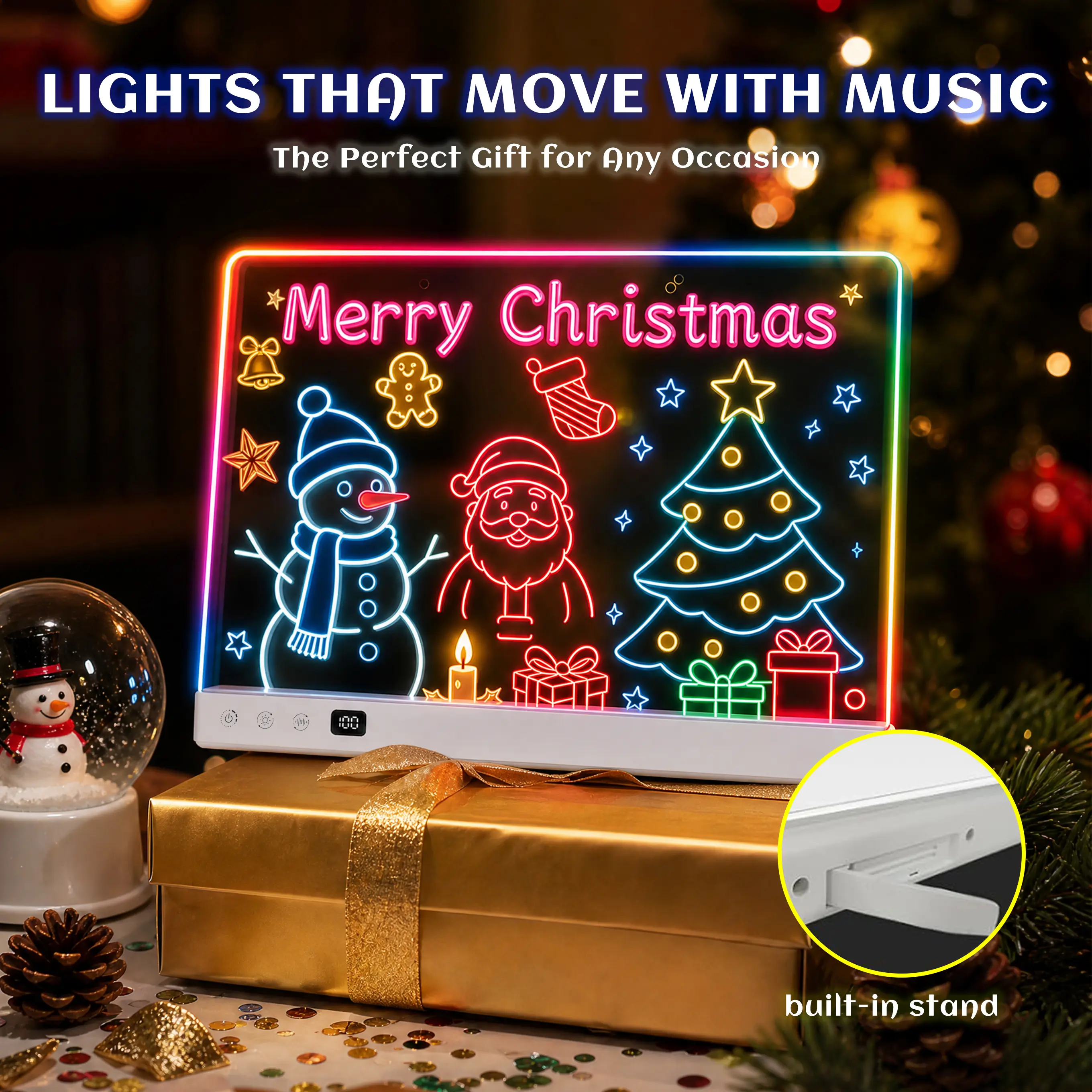 YAUUEA Rechargeable Wireless LED Message Board - 13.94x9.84" Rectangle Plastic Frame Neon Lights, 14 RGB Effects, 2 Music Modes, Reusable Sign with Markers, Stand & Templates for Holiday Party Decor