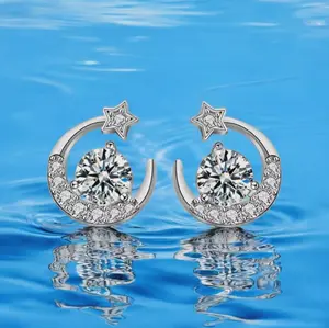 Platinum 925 Sterling Silver 1CT Moissanite Moon & Star Stud Earrings