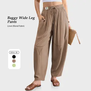 【SS26 Collection】TARSE Womens Linen Harem Pants Wide Leg Barrel Casual Loose Fit Cropped Drawstring Elastic Waist Pants with Pockets