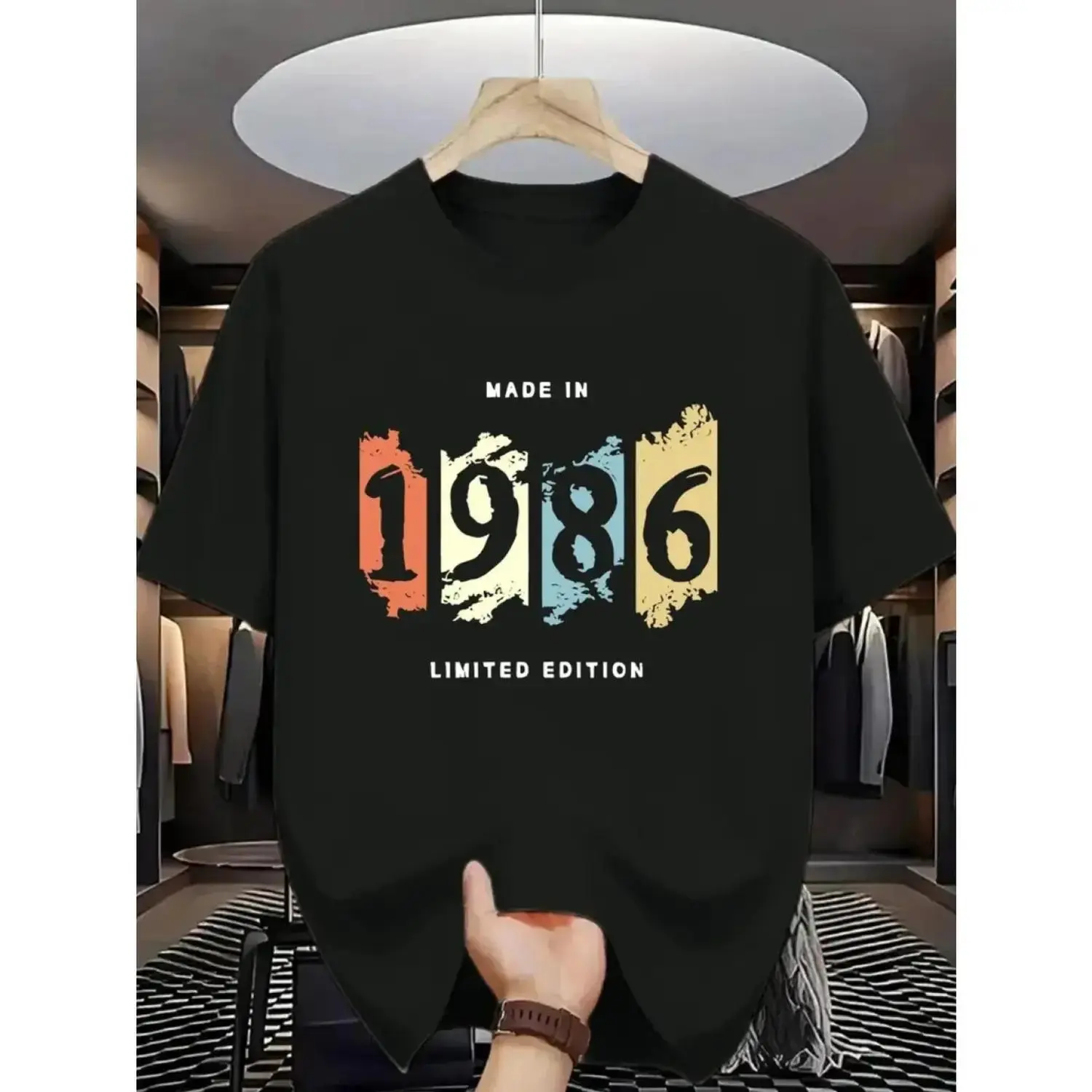 Women's Casual Black Short Sleeve T-Shirt- "Made in 1986" Geometric Print, Loose Fit, Crew Neck, Non-Padded, Summer Essential, Everyday Tshirt| Playful Graphic Tee| Nonremovable Pouch, Ladies T Shirts