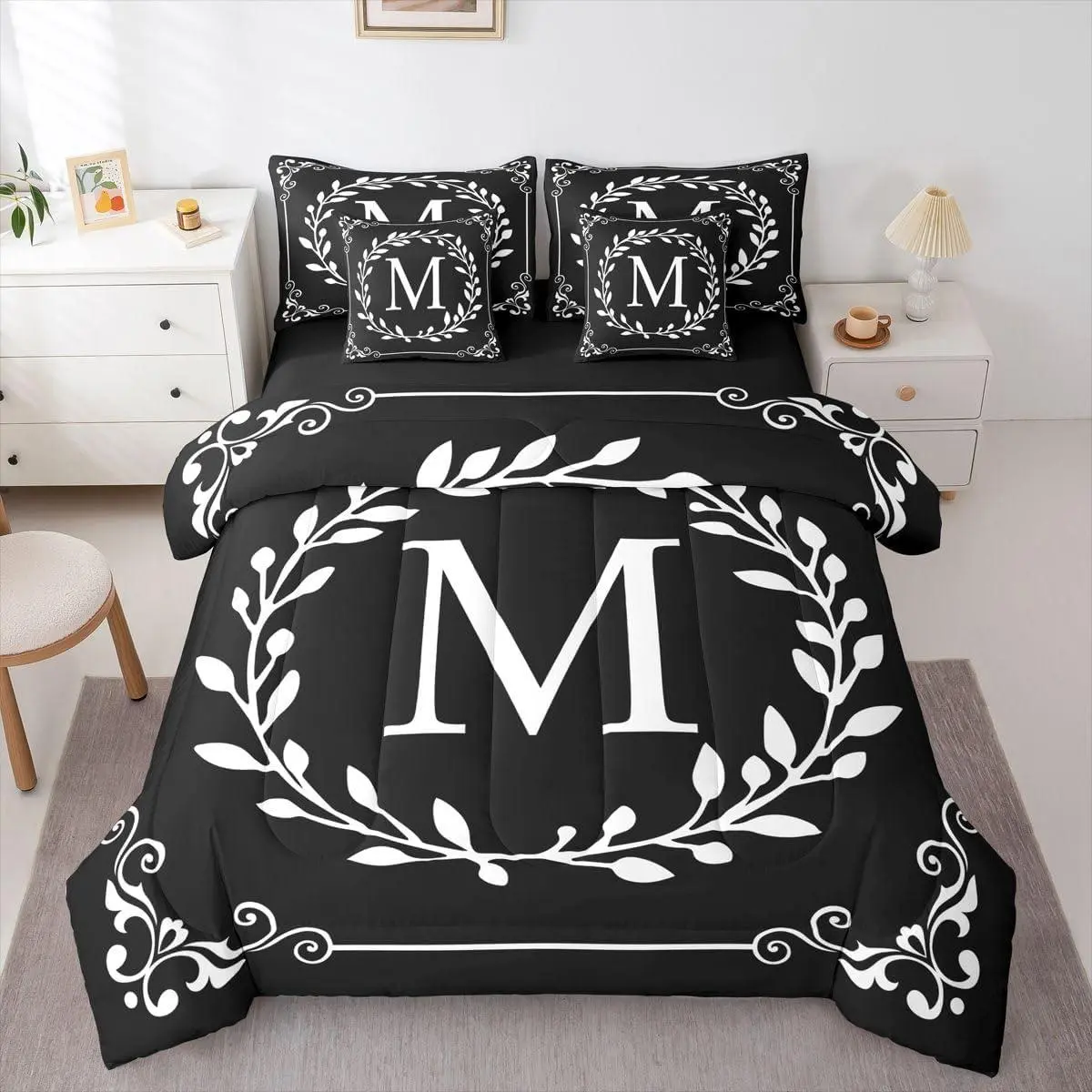 Monogram Letter Comforter Bed Set with Sheets,Black White 7 Piece Bedding Set,Boho Damask Floral Bed Bag,Personalized Gifts Adult Women Teens Kids Bed Set