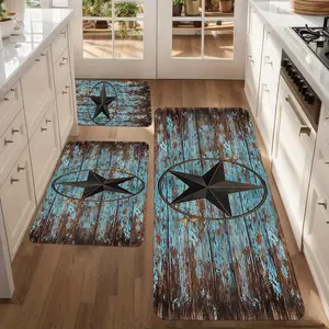 Home Soft and Lightweight Kitchen Rug Set, Vintage Western Star and Wooden Board Pattern Design, Non-slip, and Rug, Flannel Material, Kitchen, Home, Office, Sink, Laundry Room, Holiday Decoration kitchen carpet