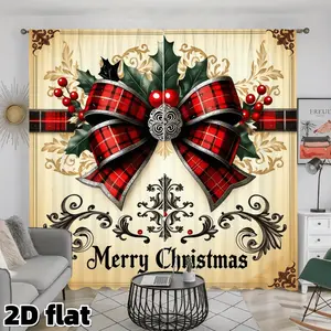2D Flat 2Pcs Festive Buffalo Plaid Bow Christmas Curtains, Holly Berry Print, Vintage Scroll Design, Semi Sheer Polyester, Rod Pocket Top, Elegant Holiday Decor for Living Room Bedroom Kitchen Window Treatment