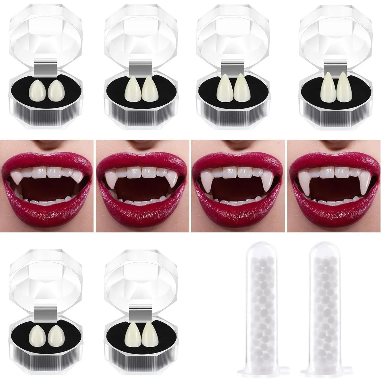 Vampire Teeth Fangs 6 Pairs with Adhesive Cosplay Props for Halloween Party Horror Costume Accessories 4 Sizes 13mm 15mm 17mm 19mm Glow-in-the-Dark Resin Fangs