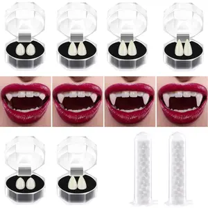 Vampire Teeth Fangs 6 Pairs with Adhesive Cosplay Props for Halloween Party Horror Costume Accessories 4 Sizes 13mm 15mm 17mm 19mm Glow-in-the-Dark Resin Fangs