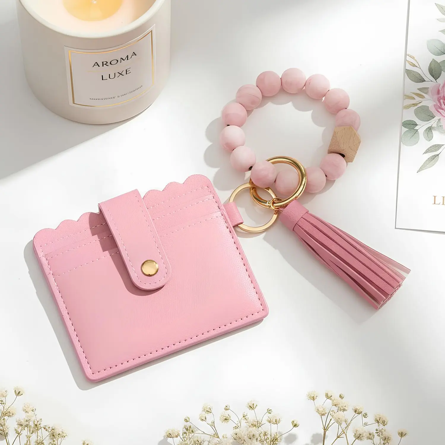 Wallet Keychain Wristlet for Women,Slim RFID Credit Card Holder Purse Tassel Keychain Bangle Key Ring for Men Women