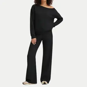 JEKAOYI Women's Leisure Solid Color Sloping Shoulder Long Sleeve Top & Wide Leg Trousers Set – Cozy Scoop Neck Loose Two-Piece Outfit