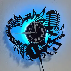 LED Multicolor Music Heart Vinyl Wall Clock, Irregular Shape, Flat Crown, Aa Battery Powered, Silent Design, Perfect Gift for Music Lovers, Led Wall Clocks