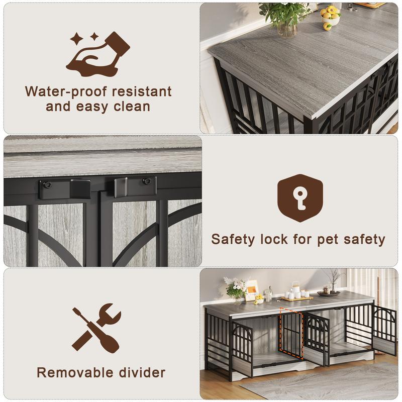 COZPAW 86 Inch Double Dog Crate Furniture for 2 Dogs, Decorative Dog Kennel Indoor TV Stand, Heavy Duty Wooden Dog Cage for Large Medium Dogs Sized Dog Pet House with Divider (Brown)