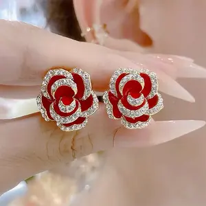 LisiZen Red Camellia Flower Stud Earrings for Women, 925 Silver Needle Jewelry, Luxury Chic Rose Petal Design Elegant Style DZEH1404