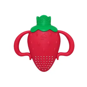 RaZbaby Fruitique Fruit Feeder – One-Piece, Larger Opening, Holds More Fresh/Frozen Fruit, Teething Relief, BPA-Free, Dishwasher Safe  - Strawberry