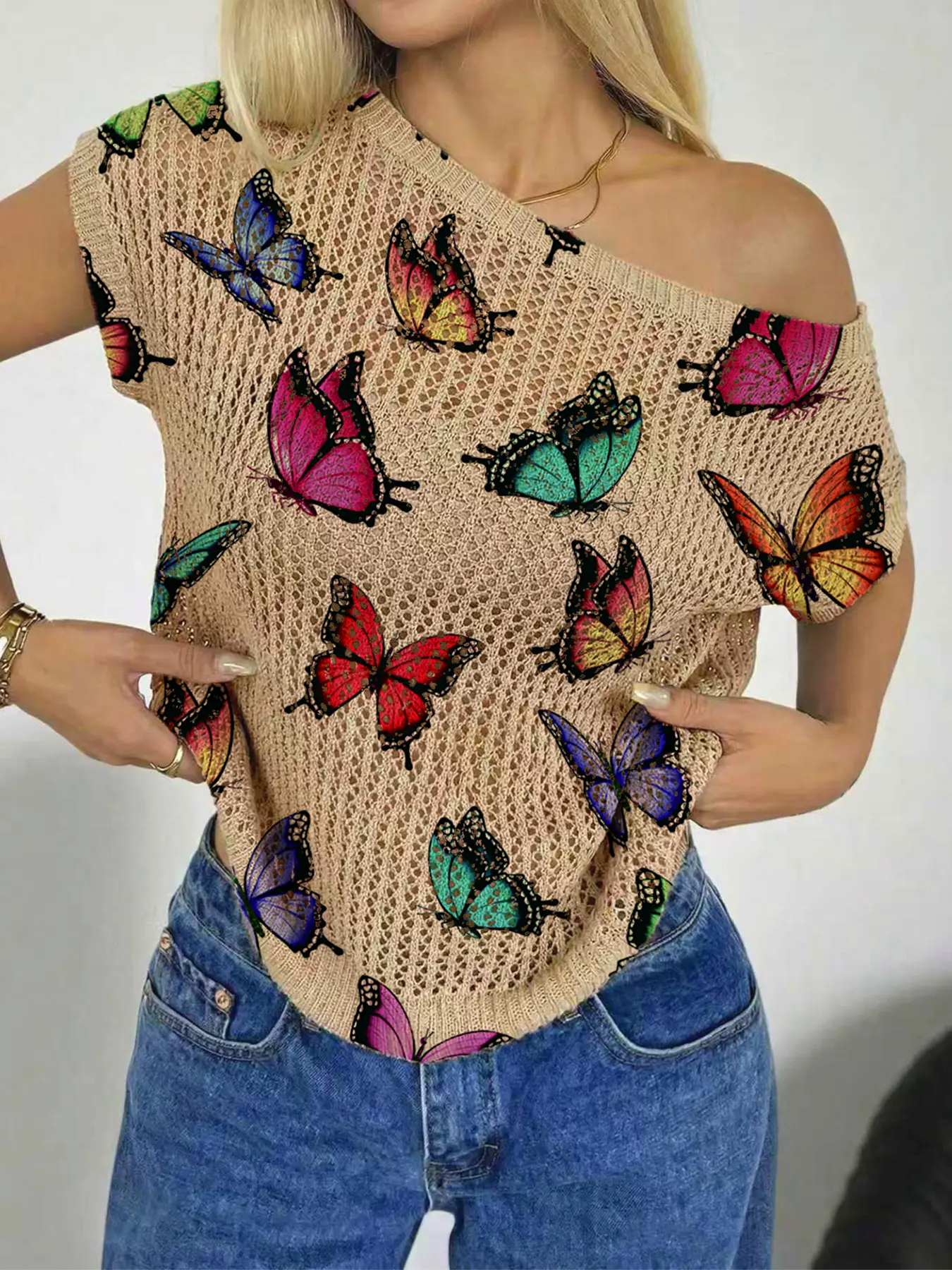 Spring Summer Women's Beach Vacation Asymmetric Neck Off-Shoulder Batwing-Sleeve Semi-Sheer Lace Butterfly Print Knit Top