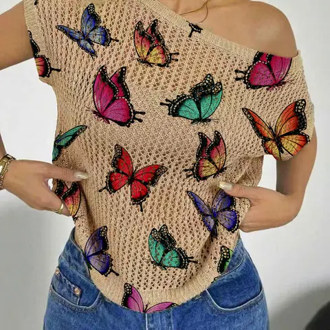 Spring Summer Women's Beach Vacation Asymmetric Neck Off-Shoulder Batwing-Sleeve Semi-Sheer Lace Butterfly Print Knit Top Loose Tops