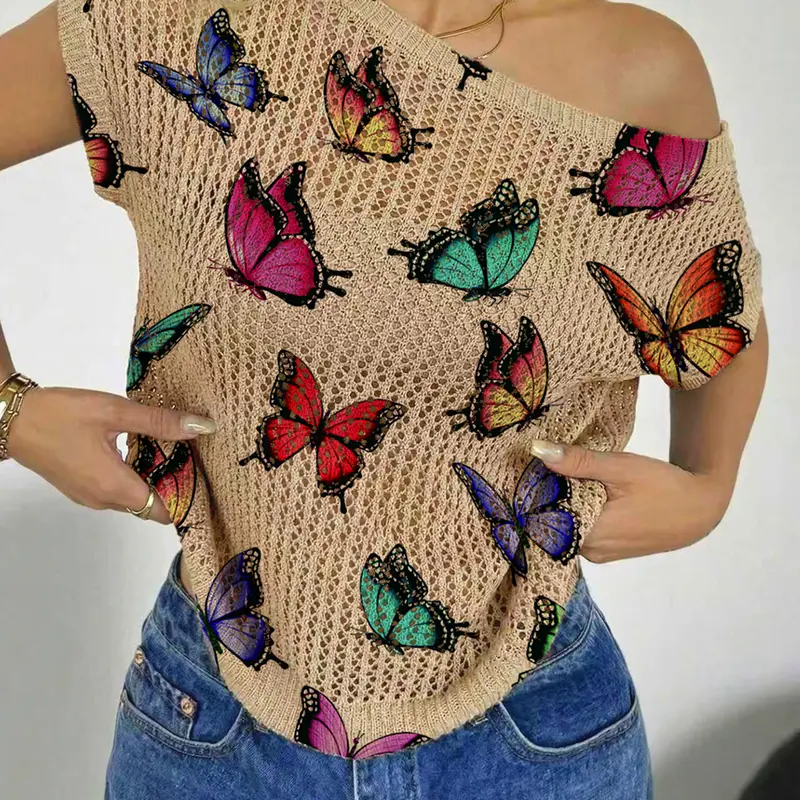 Spring Summer Women's Beach Vacation Asymmetric Neck Off-Shoulder Batwing-Sleeve Semi-Sheer Lace Butterfly Print Knit Top Loose Tops