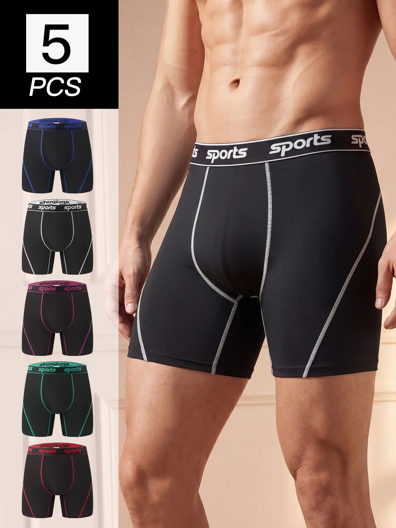 Men's 5 PCS/Pack Stretch Boxer Briefs, Stretchy Underwear, Long Leg No Ride Up Moisture Wicking Quick Dry Breathable Underwear, Anti Chafe Athletic Sports Boxers, Running Cycling Workout Gym, Big & Tall Assorted Colors All Season