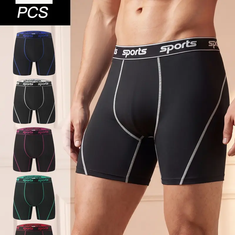 Men's 5 PCS/Pack Stretch Boxer Briefs, Stretchy Sporty Underwear, Long Leg No Ride Up Moisture Wicking Quick Dry Breathable Underwear, Anti Chafe Athletic Sports Boxers, Running Cycling Workout Gym, Big & Tall Assorted Colors All Season