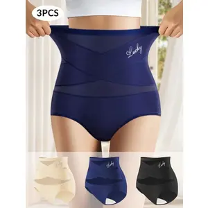 3- Pack/Set High - Waist Shaping Panties for Women - Seamless Ice Silk Mesh Control Briefs, Tummy slimming & Butt Lifting Underwear Breathable Everyday Body Sculpting Compression Butterfly Fabric Lingerie