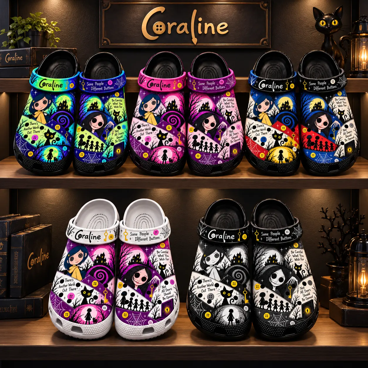 Coraline Inspired Clogs for Women & Men, Button Eye Fantasy Graphic Garden Shoes, Spooky Cartoon Slip-On Sandals, Halloween Gift, Casual Outdoor Clogs