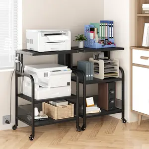3-Tier Mobile Printer Stand with Storage Shelf, Large Printer Table Cart with USB Charging Ports & Power Outlets, Office Printer Shelf with Wheels for Small Spaces, Home or Office Use