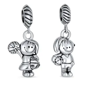 .925 Sterling Silver Sport Cartoon Cheerleader & Soccer Player Dangle Charm Bead for Bracelet (Set)