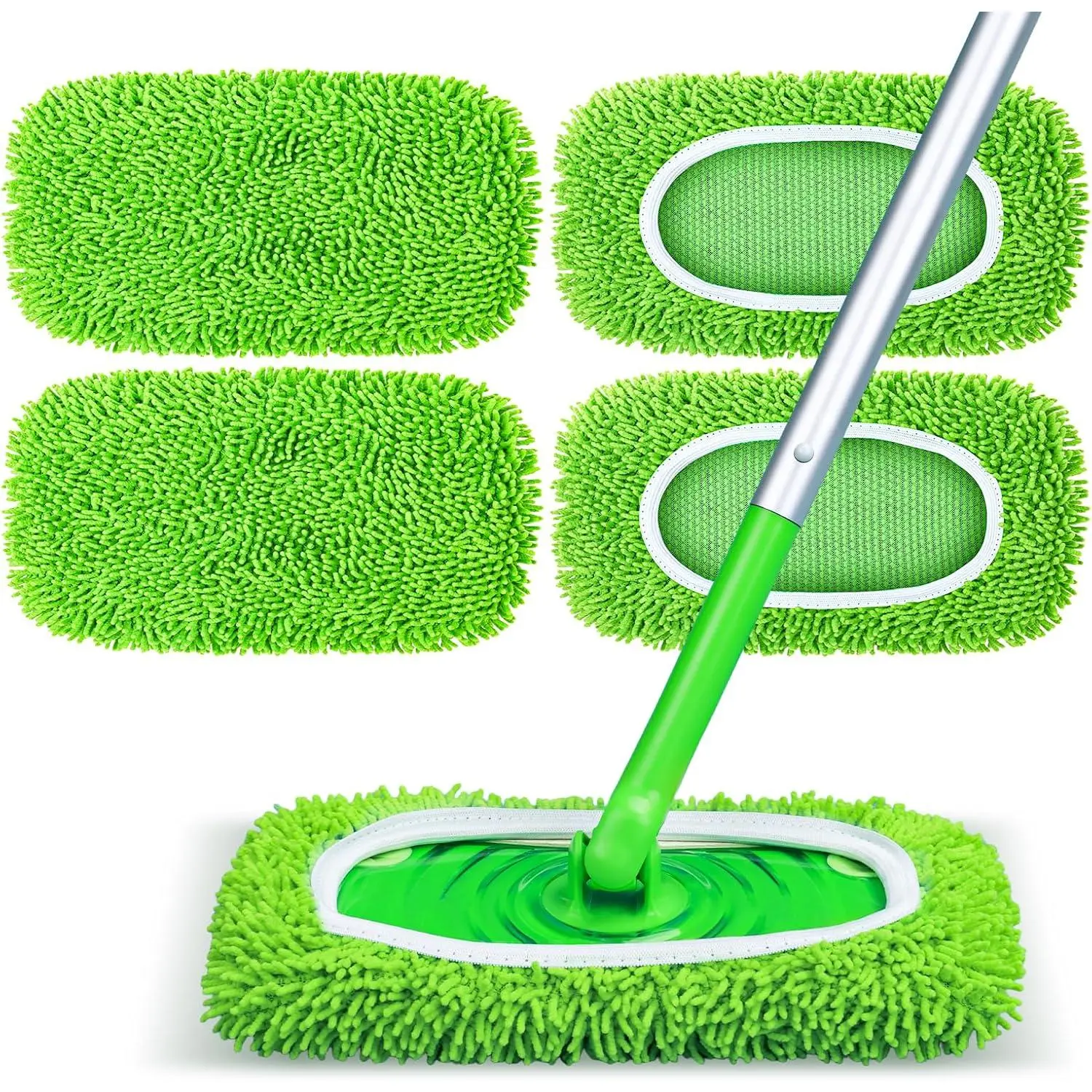 Reusable Mop Pads Fit Swiffer Sweeper, 4-Pack Microfiber Mop Replacement Pads, Washable Wet Mopping Cloths & Dry Sweeping Chenille Pads Refill for Floor Cleaning