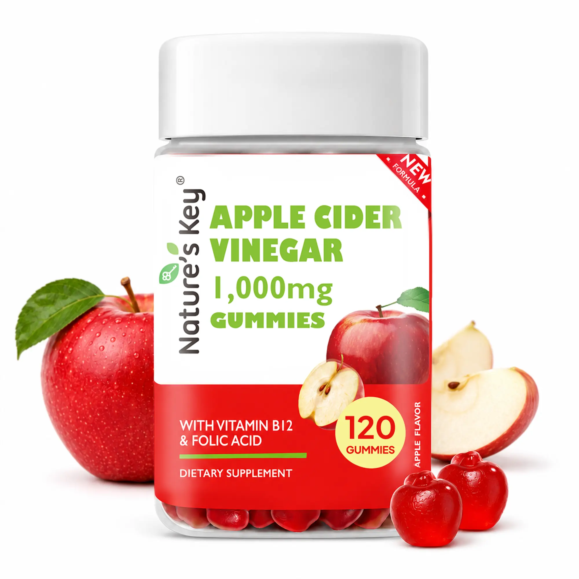 Nature's Key Chewable Apple Cider Vinegar Gummies, 120 Vegan Gummies with Vitamin B6, B12, Folic Acid, Beetroot, Pomegranate, Fiber, Gluten-Free, Metabolism & Daily Wellness Support, Easy-to-Take ACV Gummies