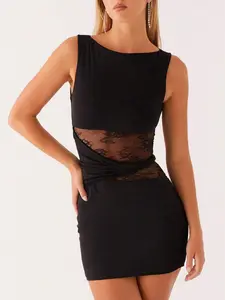 Women Sexy Lace Patchwork Mini Dress Sleeveless Slim Fit Cut Out Short Dress Y2K Elegant Cocktail Party Sundress