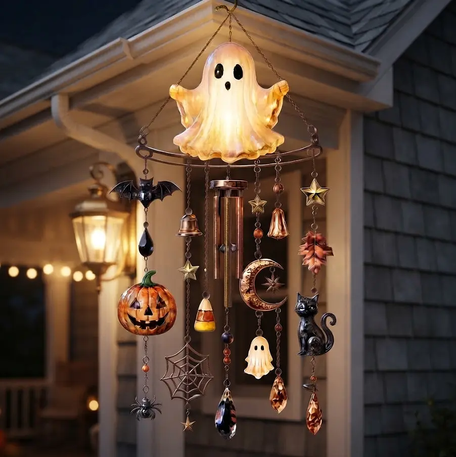 Halloween Wind Chime & Hanging Mobile – Light-Up Ghost Top with Spooky Charms, Pumpkin, Black Cat, Moon & Crystal Pendants, Indoor Outdoor Spooky Decor for Porch, Patio, Living Room, Unique Festival Gift Idea for Holiday Lovers