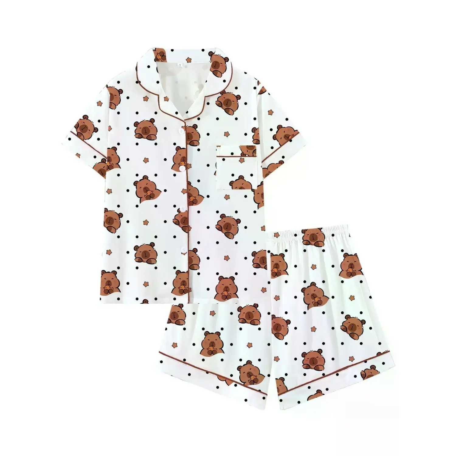 Charming Capybara Print Pajama Set - Casual Cute Turn-Down Collar Short Sleeve Sleepwear for Sleeping, Vacation, and Outdoor Comfort