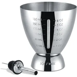 Graduated Measuring Jigger with Pourer Spout, 1-6 oz Stainless Steel Multi-Unit Markings Measuring Cup (oz/ml/cm), Heavy Duty Cocktail Shot Cup Bartending Tool Set of 2