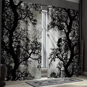 2 Piece Branch Mist Forest Print Curtains, Digital Print Window Decorations, Home Decoration Curtain, Retro Style Drapes for Living Room Bedroom Kitchen