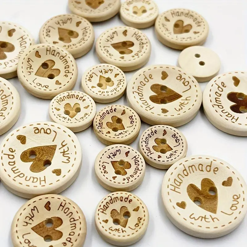 50pcs Heart-Shaped Wooden Buttons - Assorted Sizes 15mm/20mm/25mm for Sewing, Scrapbooking, Gift, Handwork, Home Decor, and Clothing Decoration